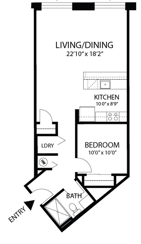 Floor plan for 1 bed, 1 bath, 714 sqft
