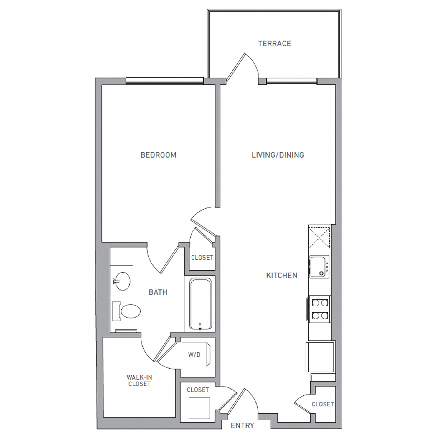 Floor plan for 1 bed, 1 bath, 681 sqft