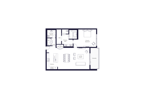 Floor plan for 1 bed, 1.5 baths, 1615 sqft