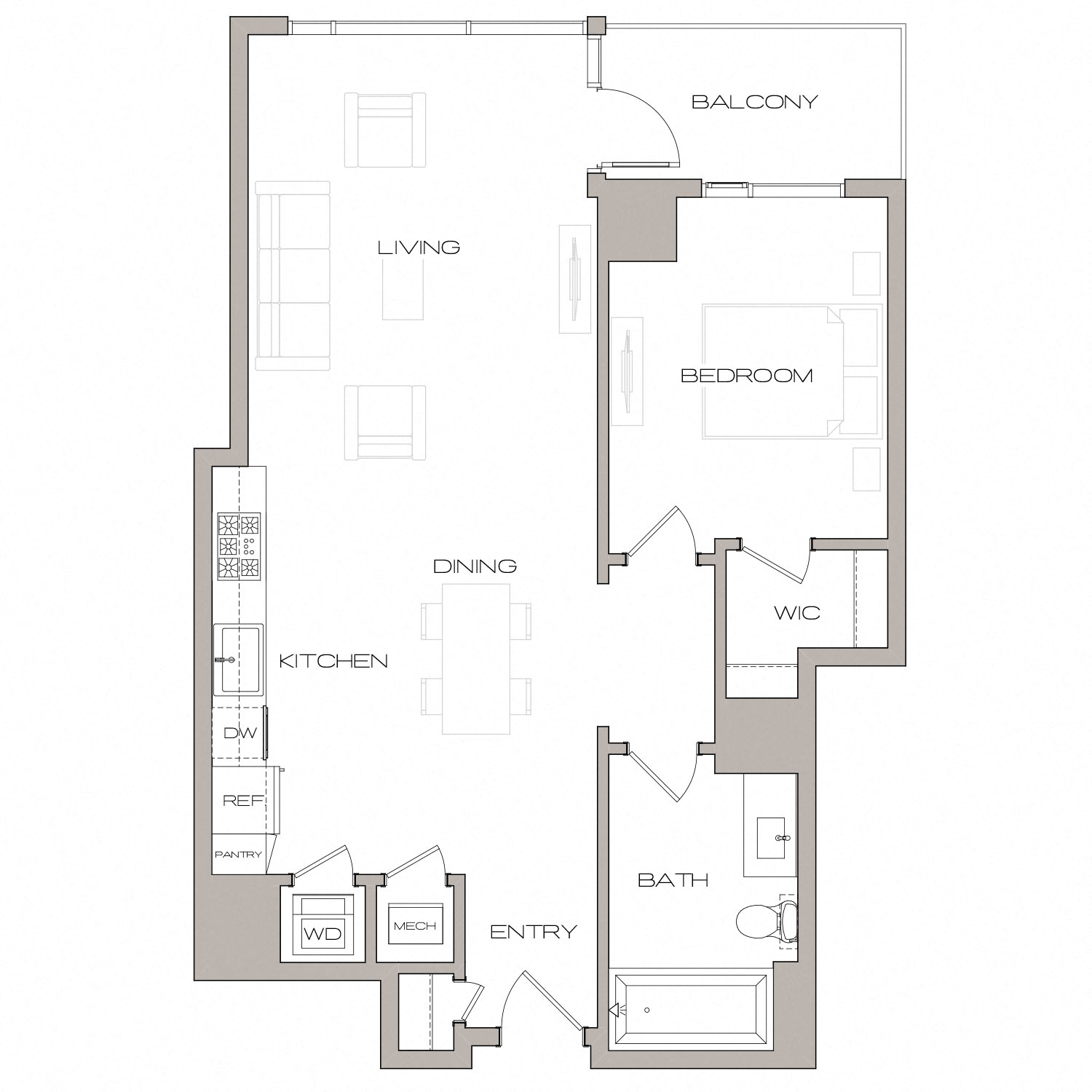 Floor plan for 1 bed, 1 bath, 821 sqft