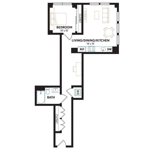 Floor plan for 1 bed, 1 bath, 836 sqft