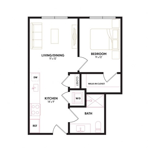 Floor plan for 1 bed, 1 bath, 545 sqft