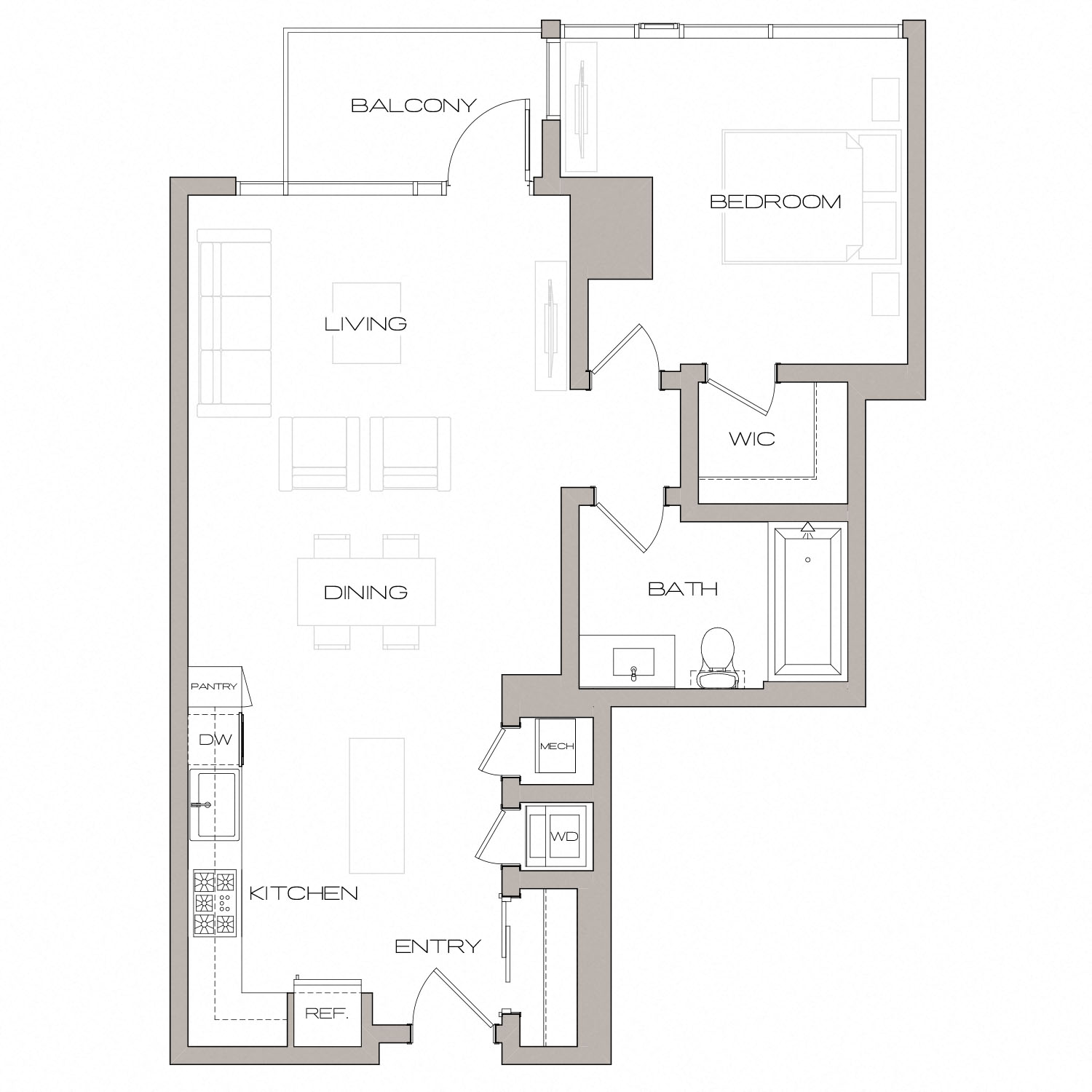 Floor plan for 1 bed, 1 bath, 795 sqft