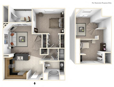 Floor plan for 1 bed, 1 bath, 881 sqft