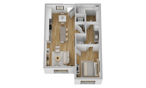 Floor plan for 1 bed, 1 bath, 670 sqft