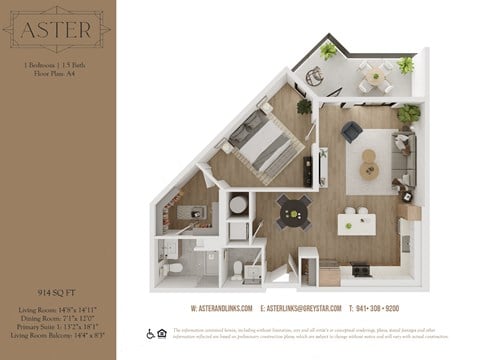 Floor plan for 1 bed, 1 bath, 914 sqft