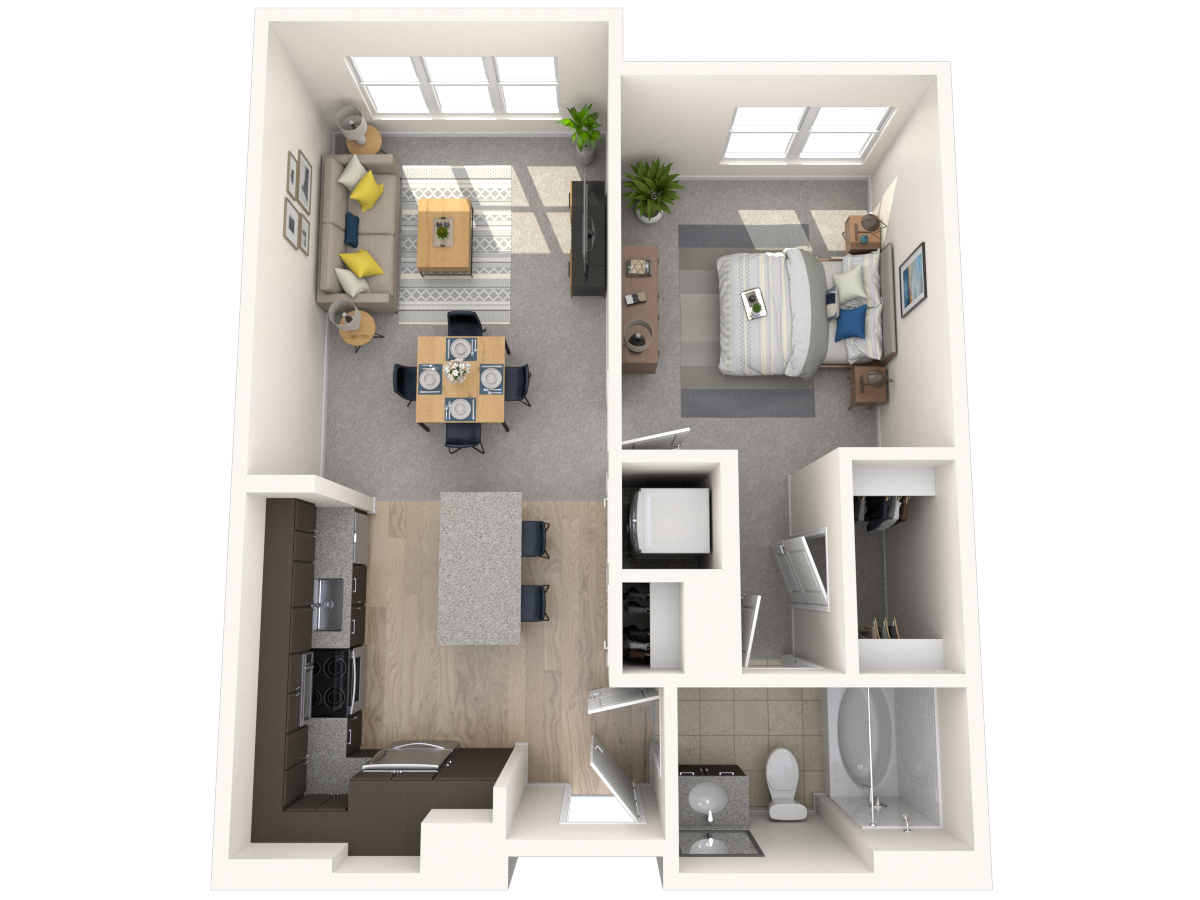 Floor plan for 1 bed, 1 bath, 677 sqft