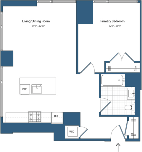 Floor plan for 1 bed, 1 bath, 783 sqft