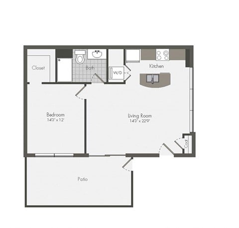 Floor plan for 1 bed, 1 bath, 800 sqft