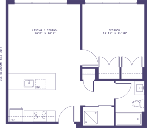 Floor plan for 1 bed, 1 bath, 653 sqft