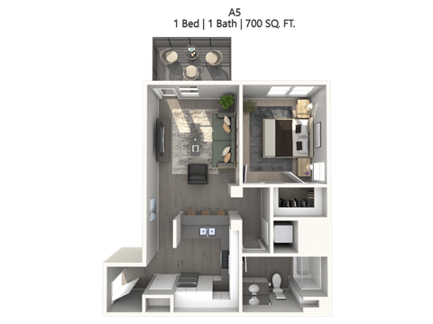 Floor plan for 1 bed, 1 bath, 697 sqft