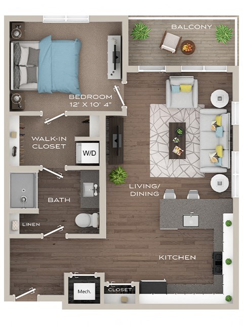 Floor plan for 1 bed, 1 bath, 677 sqft