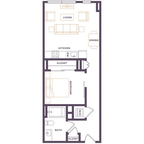 Floor plan for 1 bed, 1 bath, 549 sqft