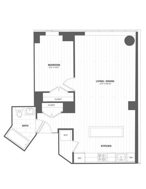 Floor plan for 1 bed, 1 bath, 757 sqft