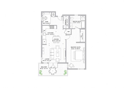 Floor plan for 1 bed, 1.5 baths, 893 sqft