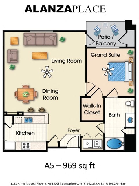 Floor plan for 1 bed, 1 bath, 969 sqft