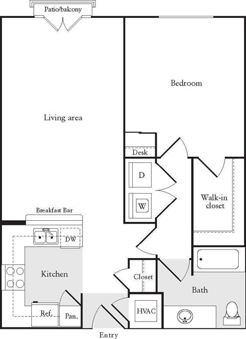 Floor plan for 1 bed, 1 bath, 765 sqft