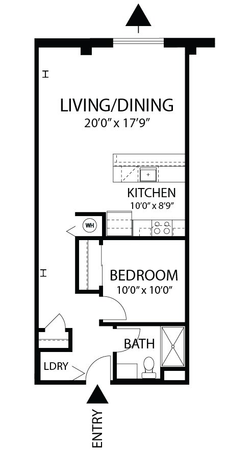 Floor plan for 1 bed, 1 bath, 715 sqft