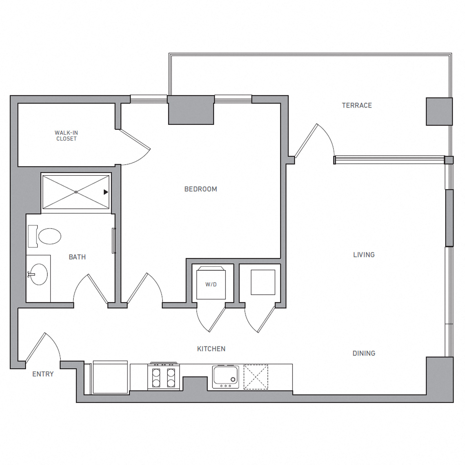 Floor plan for 1 bed, 1 bath, 730 sqft