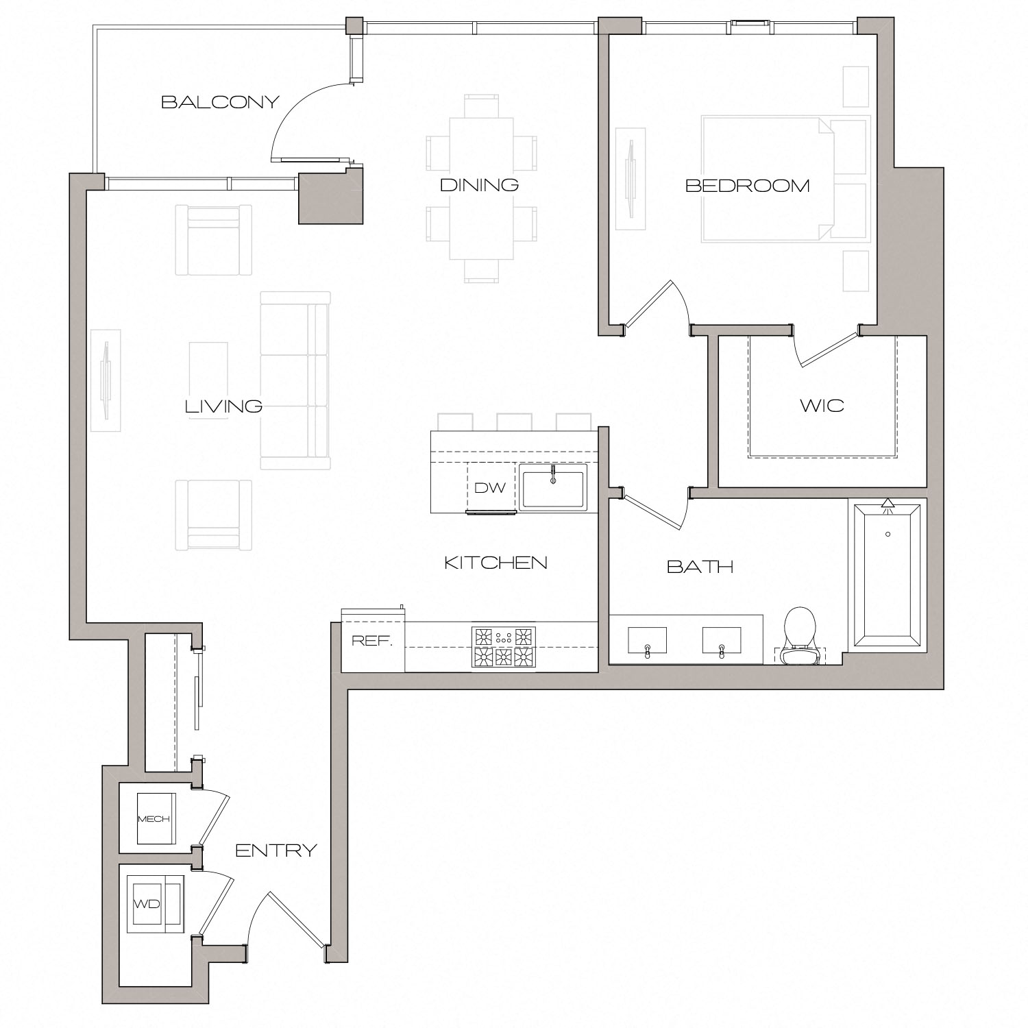 Floor plan for 1 bed, 1 bath, 870 sqft