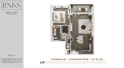 Floor plan for 1 bed, 1 bath, 802 sqft