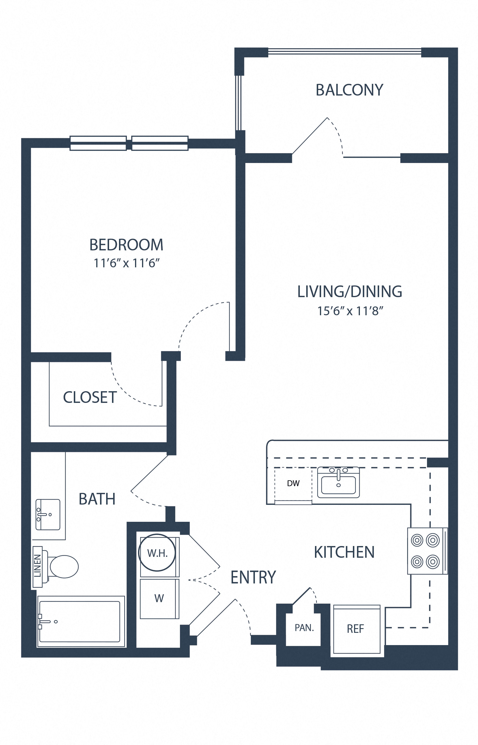 Floor plan for 1 bed, 1 bath, 699 sqft