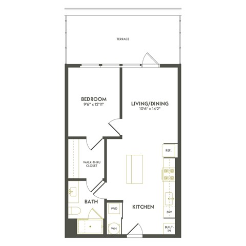 Floor plan for 1 bed, 1 bath, 679 sqft
