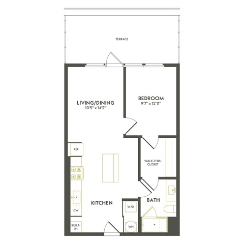 Floor plan for 1 bed, 1 bath, 679 sqft