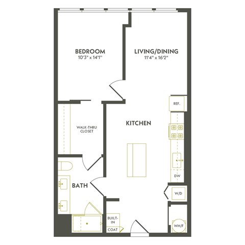 Floor plan for 1 bed, 1 bath, 767 sqft