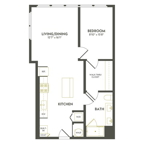 Floor plan for 1 bed, 1 bath, 784 sqft