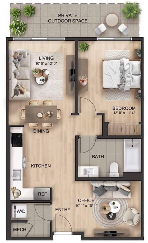 Floor plan for 1 bed, 1 bath, 807 sqft
