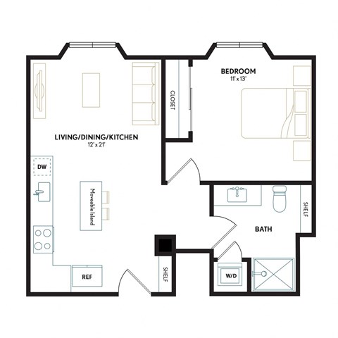 Floor plan for 1 bed, 1 bath, 645 sqft
