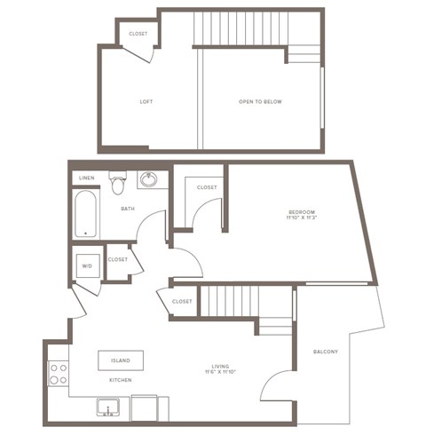Floor plan for 1 bed, 1 bath, 795 sqft