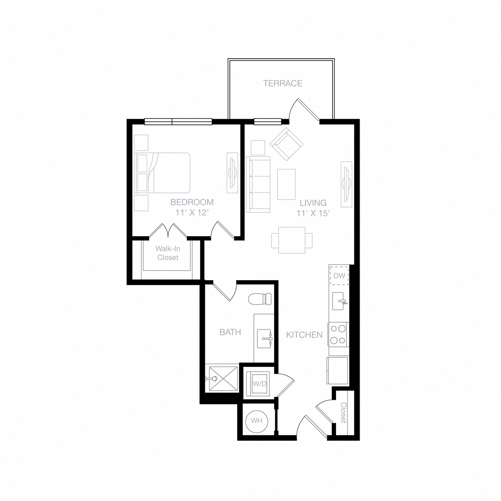 Floor plan for 1 bed, 1 bath, 653 sqft
