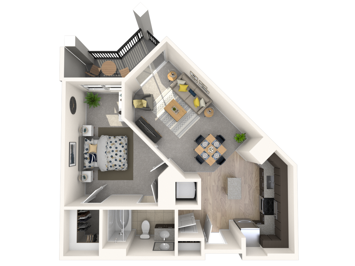 Floor plan for 1 bed, 1 bath, 678 sqft