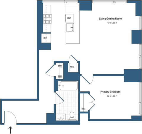 Floor plan for 1 bed, 1 bath, 787 sqft