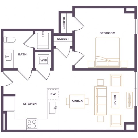 Floor plan for 1 bed, 1 bath, 575 sqft