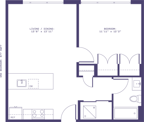 Floor plan for 1 bed, 1 bath, 677 sqft