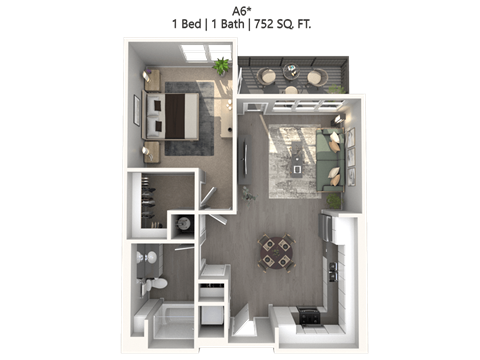 Floor plan for 1 bed, 1 bath, 700 sqft