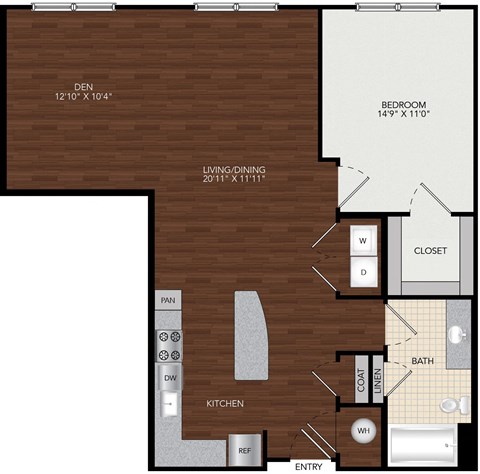 Floor plan for 1 bed, 1 bath, 955 sqft