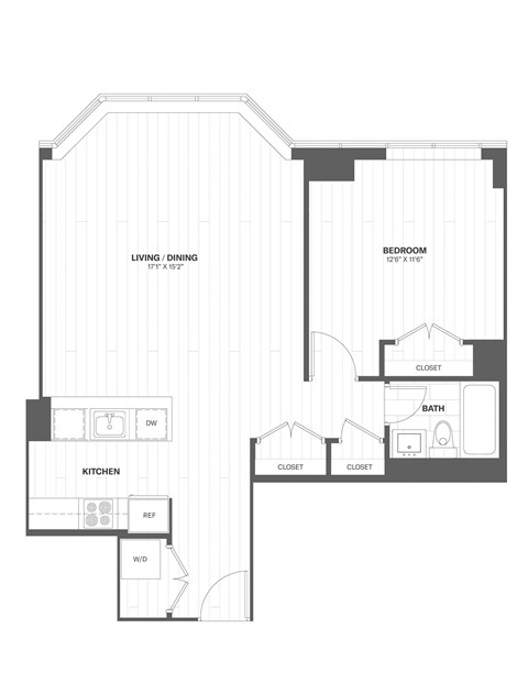 Floor plan for 1 bed, 1 bath, 788 sqft