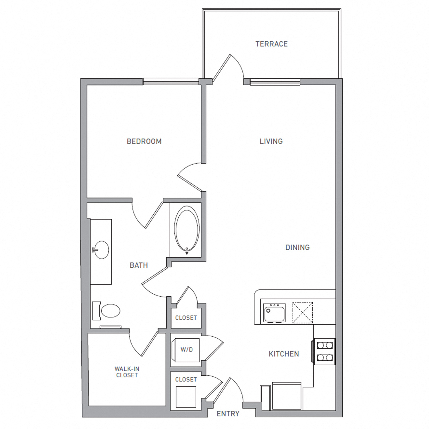 Floor plan for 1 bed, 1 bath, 749 sqft