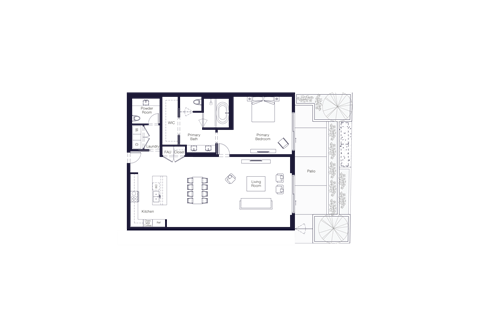 Floor plan for 1 bed, 1.5 baths, 1757 sqft