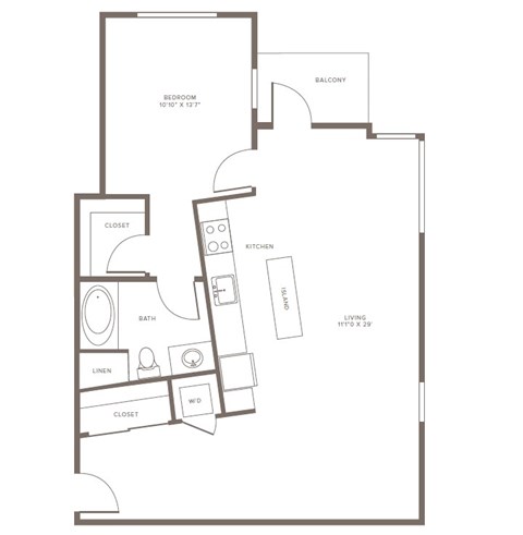 Floor plan for 1 bed, 1 bath, 867 sqft