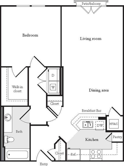 Floor plan for 1 bed, 1 bath, 800 sqft