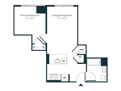 Floor plan for 1 bed, 1 bath, 563 sqft