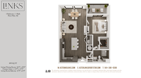 Floor plan for 1 bed, 1 bath, 899 sqft