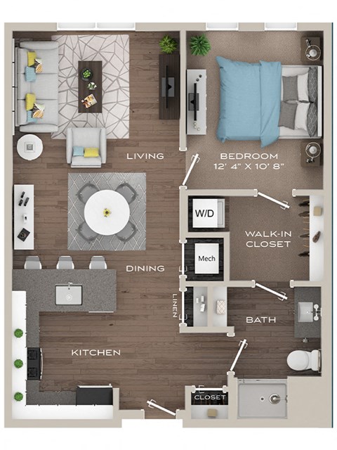 Floor plan for 1 bed, 1 bath, 686 sqft