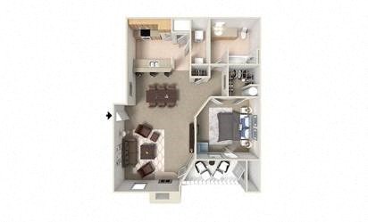 Floor plan for 1 bed, 1 bath, 870 sqft