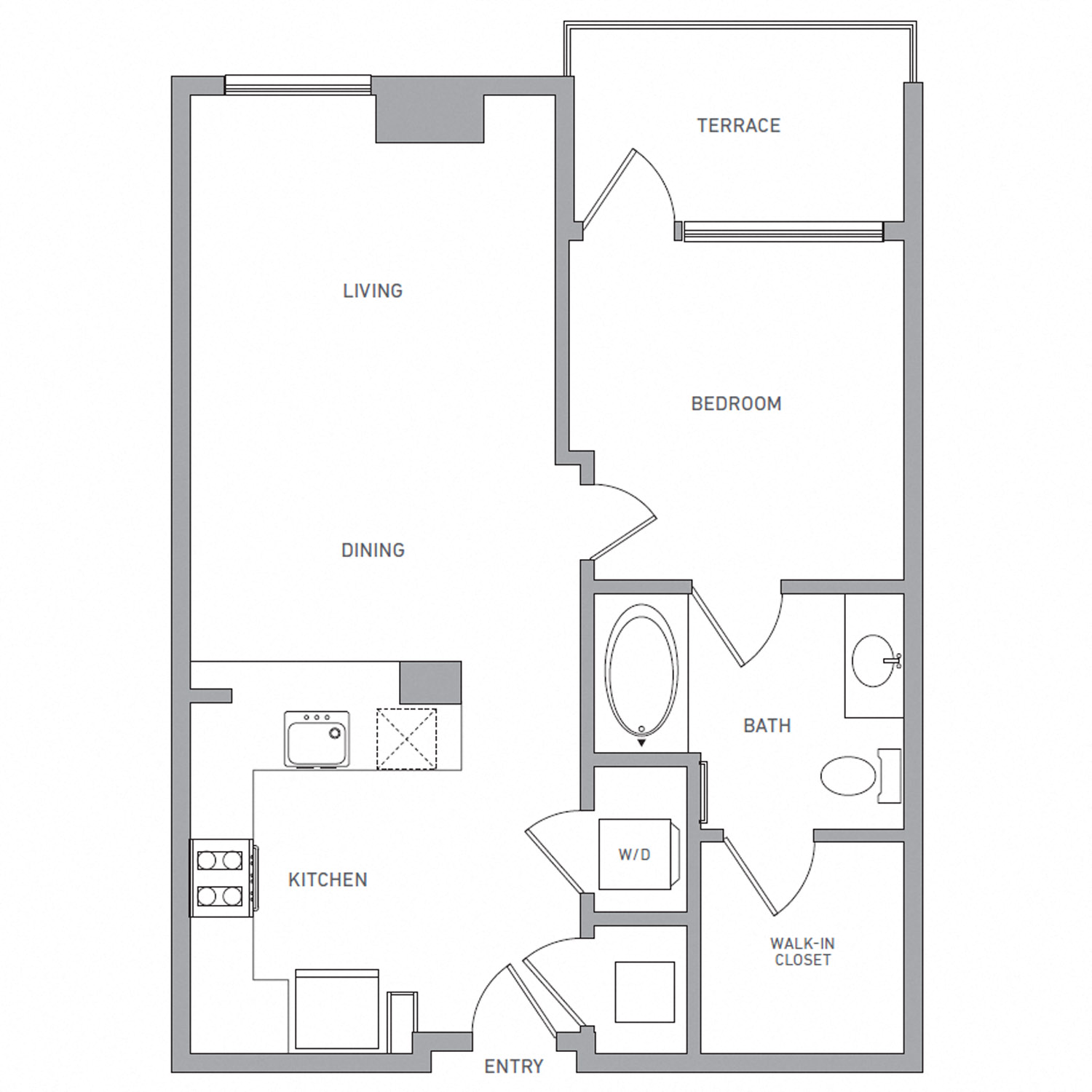 Floor plan for 1 bed, 1 bath, 712 sqft